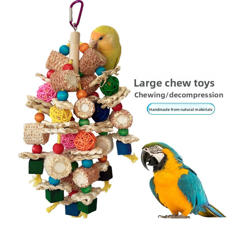 Colorful Wood & Corn Husk Chew Toy for Large Parrots